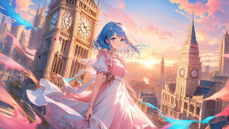 blue haired girl with key 4k anime cityscape scaled