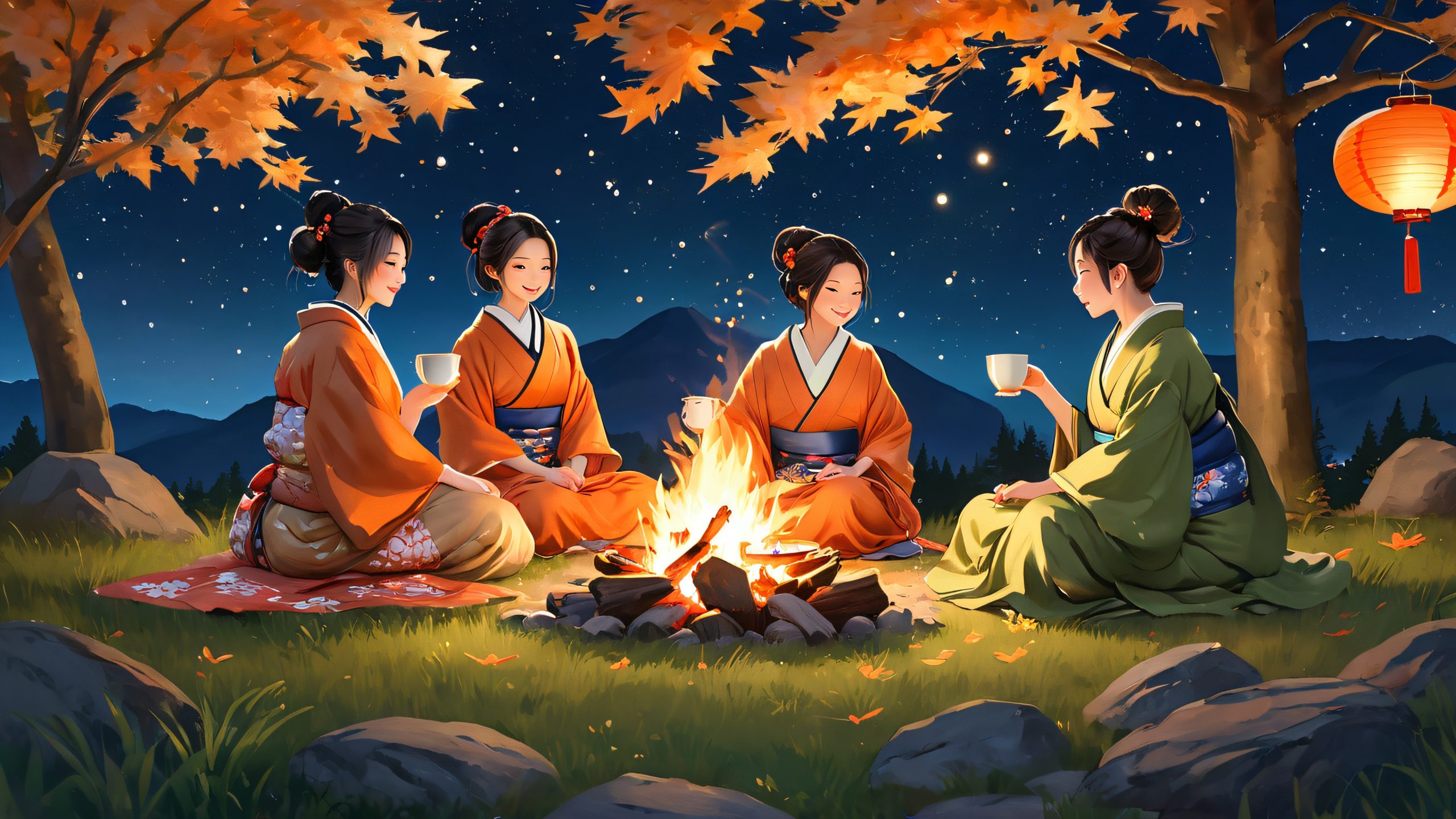 Group of friends around bonfire in forest at night with kimono girl and Japanese lanterns.