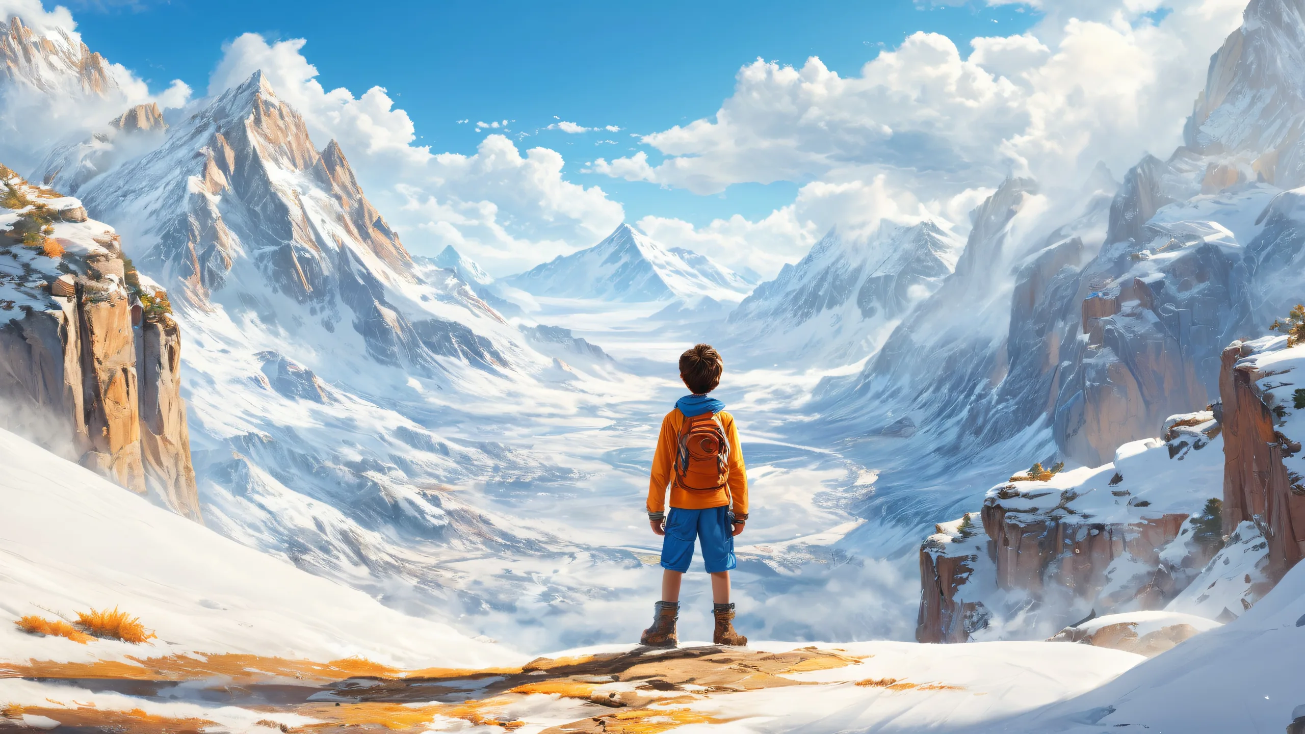 Boy standing on a textured background with vibrant blues and whites. Perfect for desktop/PC.