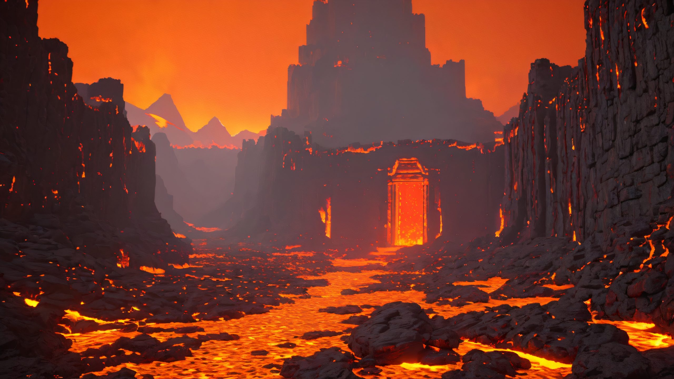 Ultra HD Brimstone Inferno Depths Wallpaper A pixelated demon's lair for Desktop/PC, inspired by Hell levels of Doom. Lava flows and flames dance across ancient stone walls.