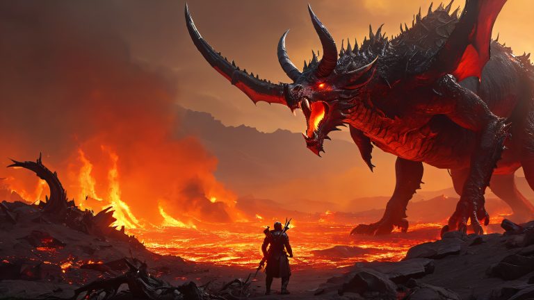 burning battlefield fantasy wallpaper with demon beast 4k scaled