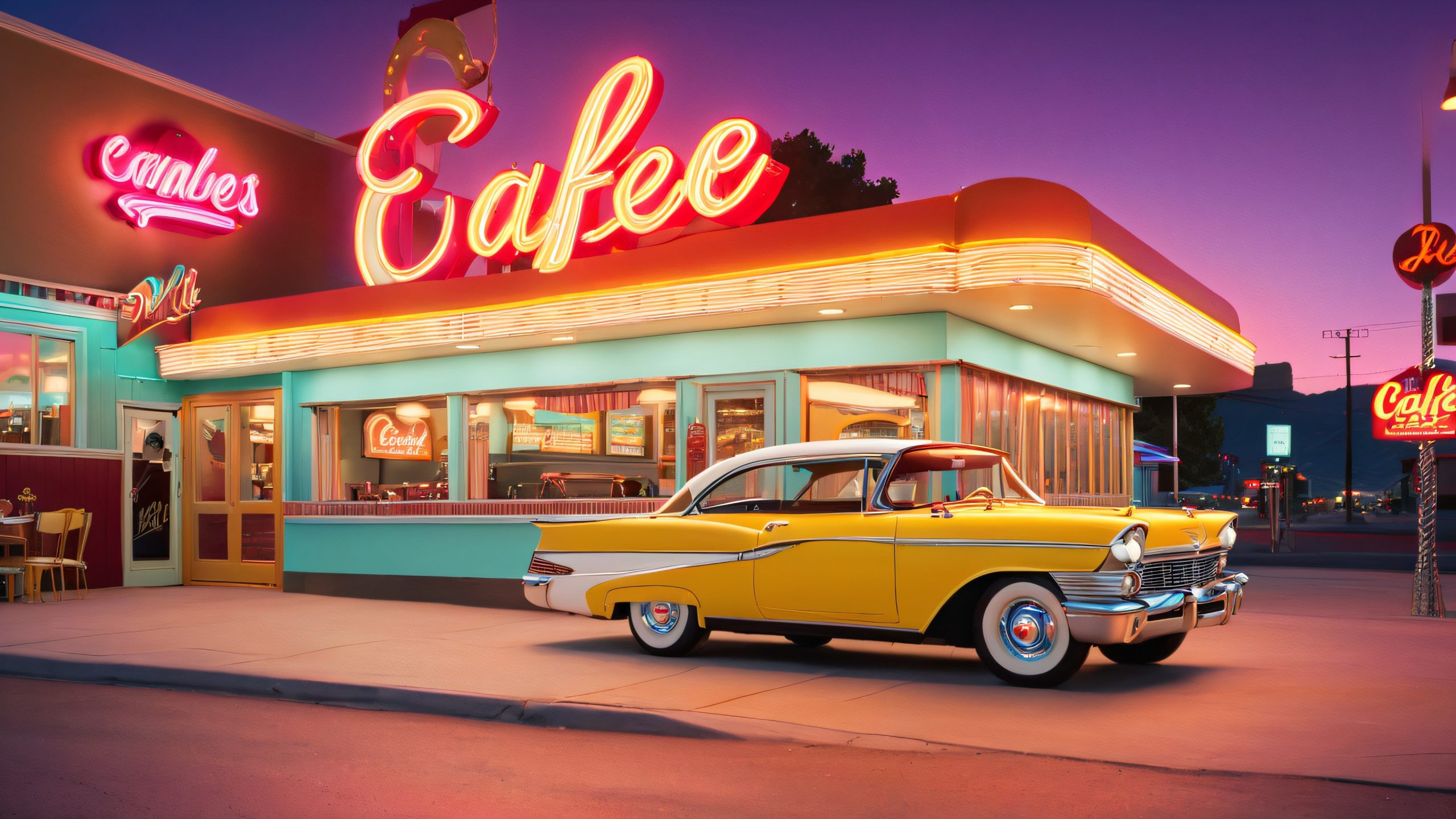 A nostalgic snapshot of a 1960s-style diner at dusk, perfect for desktop/pc wallpapers, with a warm glow emanating from the neon sign and cozy atmosphere.
