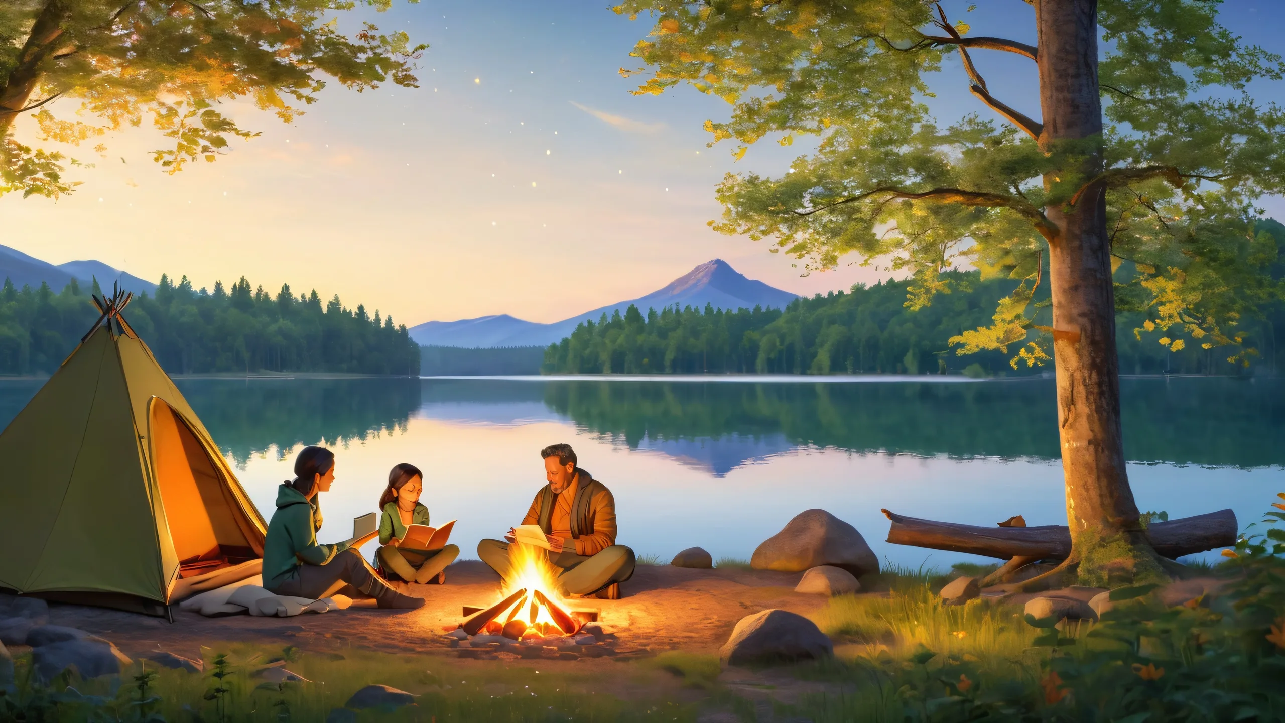 Stunning Campfire Serenity Night 4K Wallpaper Serene tent campsite with family gathered around campfire on a starry night. Desktop/PC background.