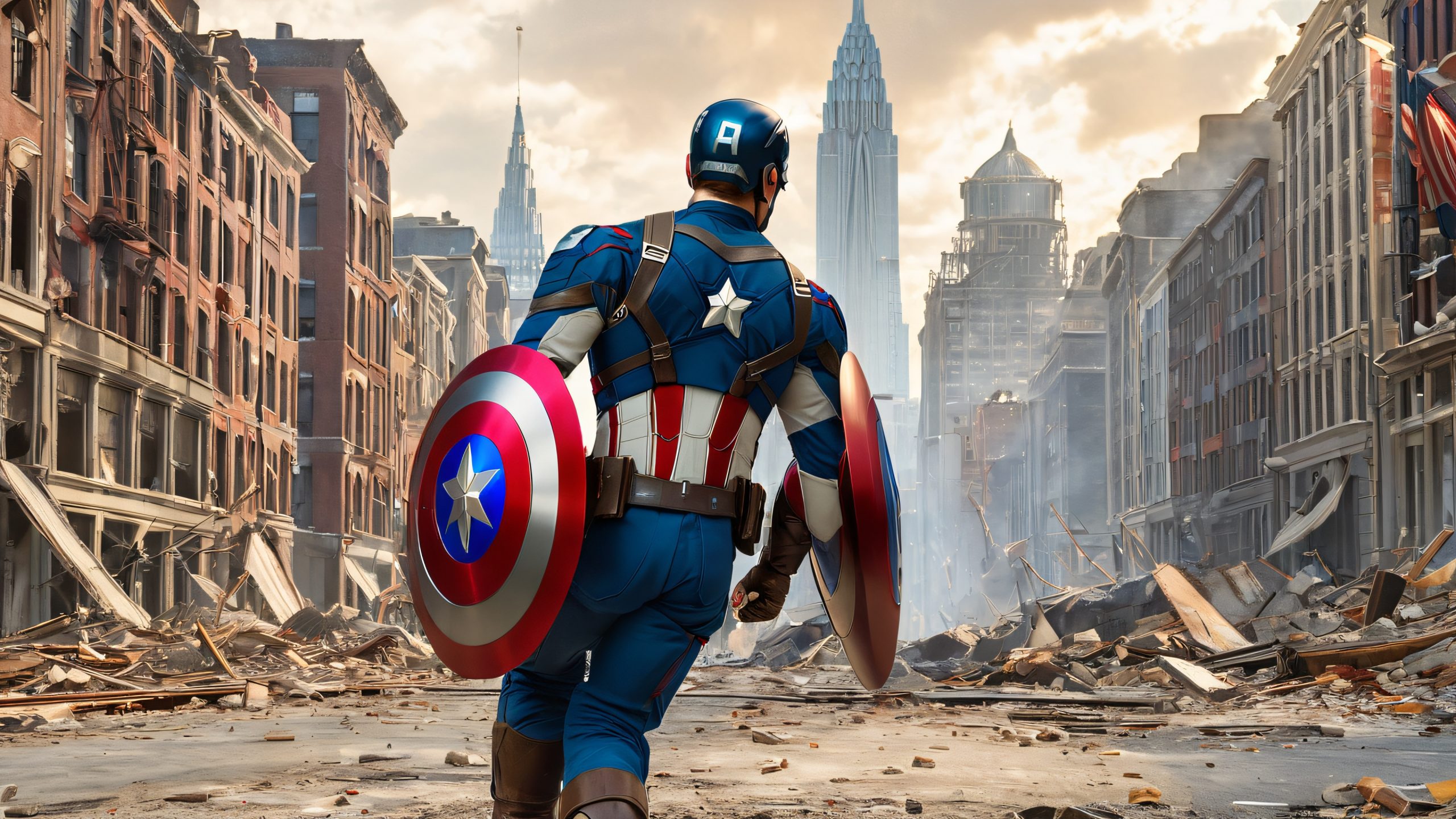 Captain America battles Sentry on a ruined cityscape, perfect for desktop PCs