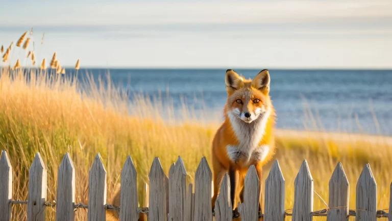 A red fox perched on a weathered wooden fence in front of a quaint Cape Cod cottage at sunrise, with a serene coastal landscape and misty morning atmosphere.
