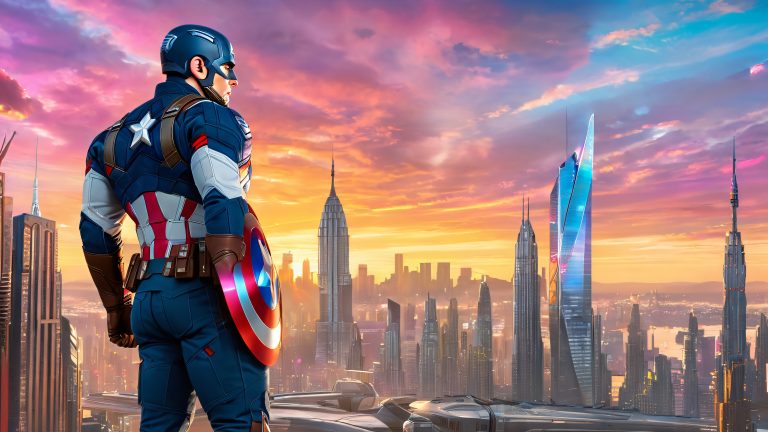 captain america 4k futuristic cityscape shield heroic moment wallpaper scaled