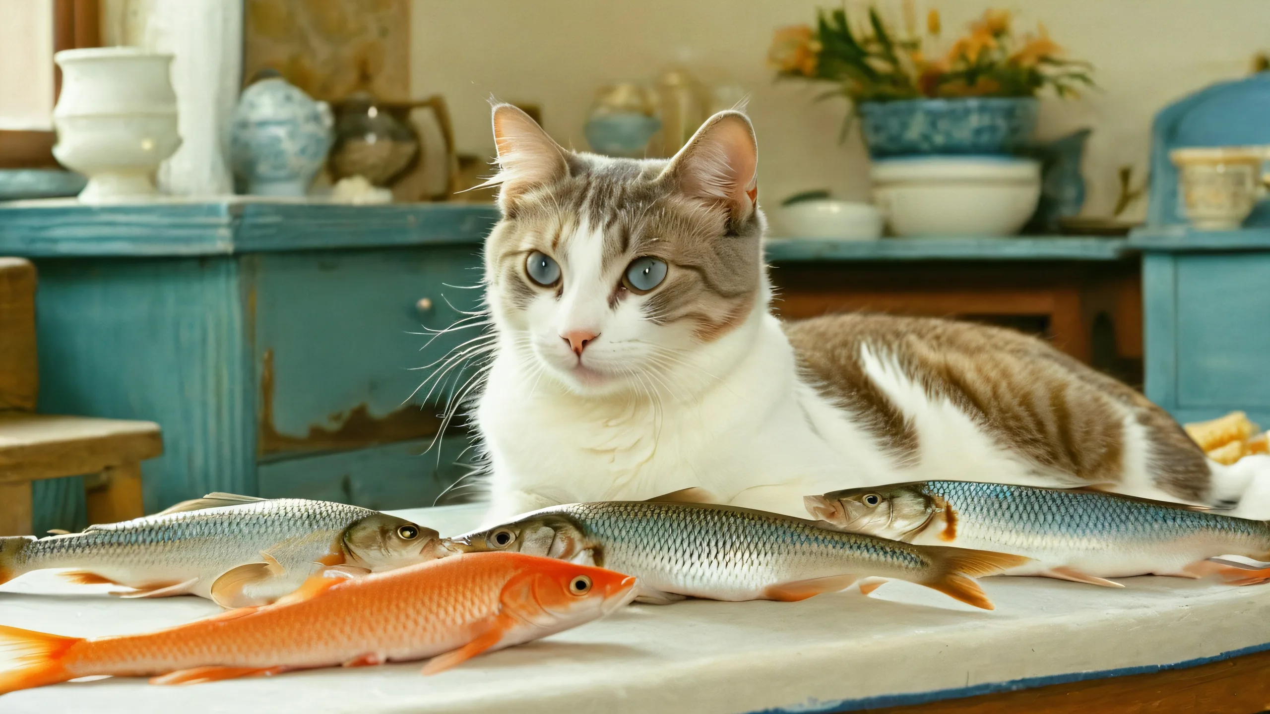 Feline Market Delight 4K UHD Wallpaper A photorealistic image of a cat enjoying fish at a marketplace on a desktop or PC, with warm brown and deep blue tones.