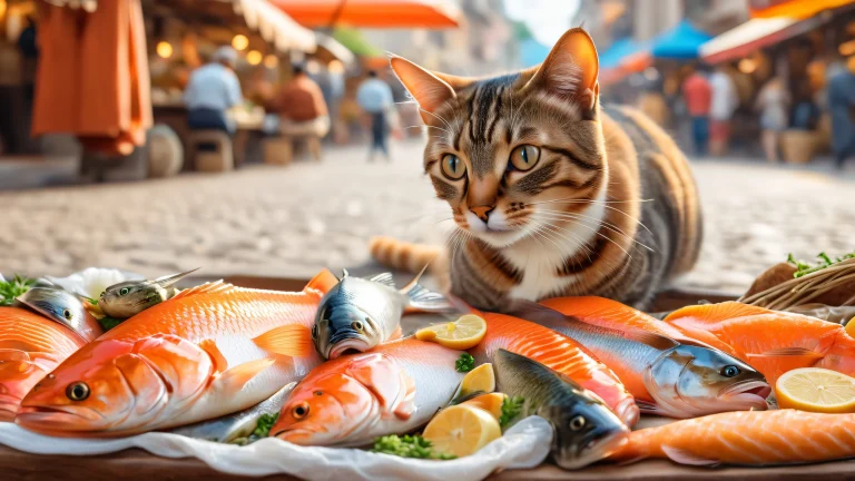 A photorealistic depiction of a cat observing fish at a bustling street market with warm earth tones.
