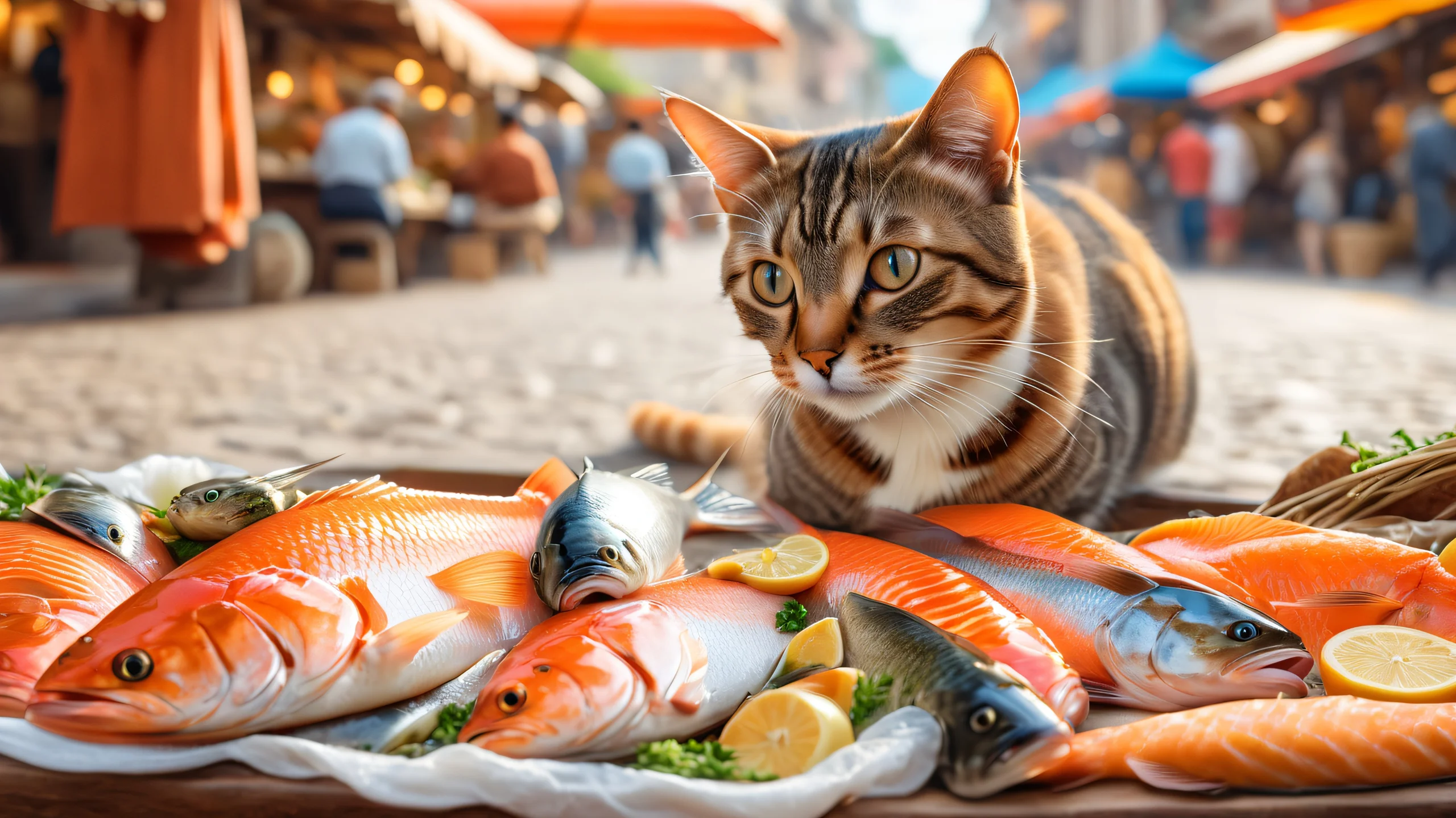 A photorealistic depiction of a cat observing fish at a bustling street market with warm earth tones.