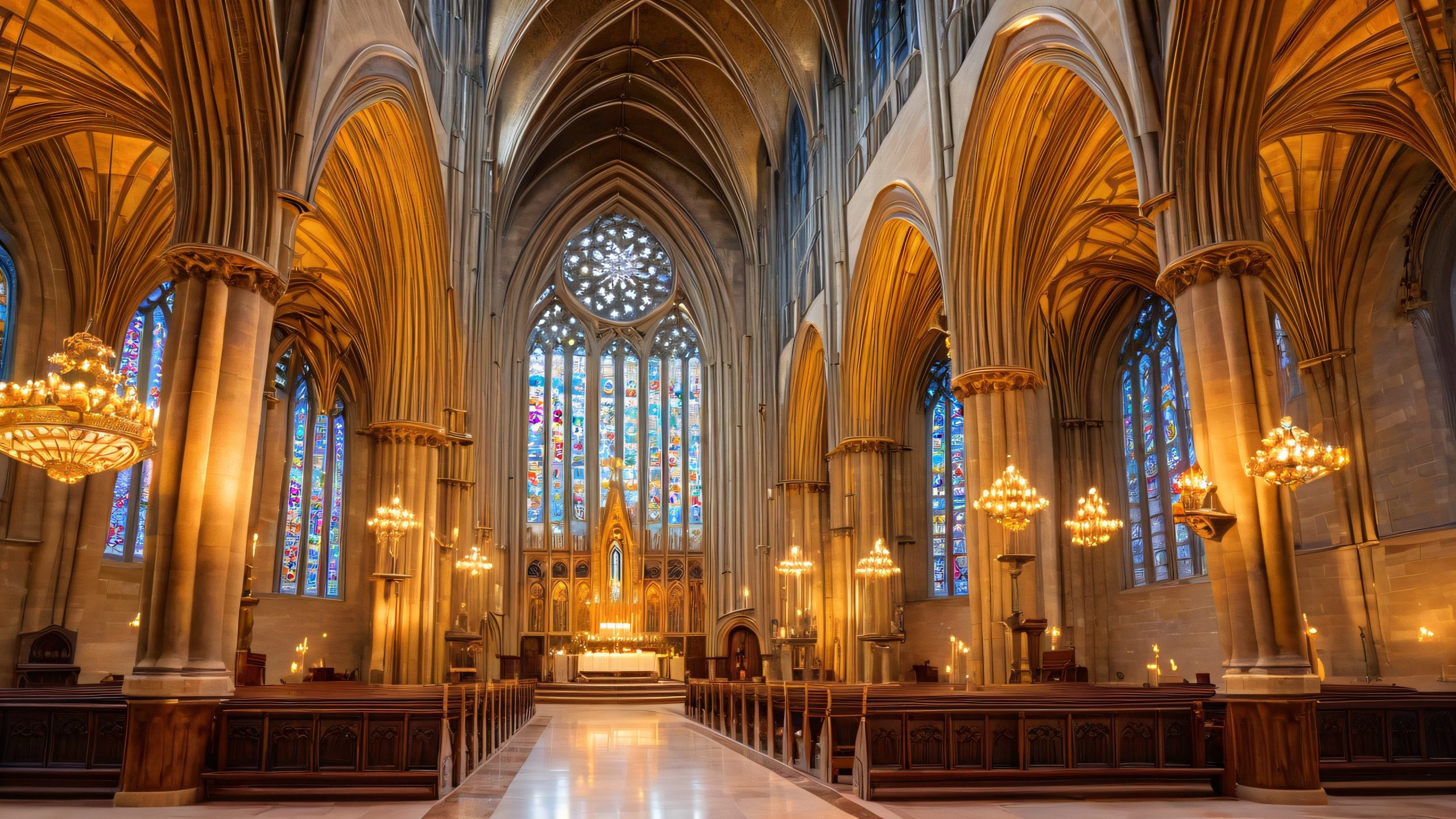 A majestic, rib-vaulted nave with intricate stone carvings and a stunning stained glass window depiction of the Last Judgment, suitable for desktop/pc