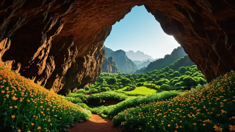 A detailed illustration of a cave entrance with greenery and brown flowers in the foreground, set against a dark background.