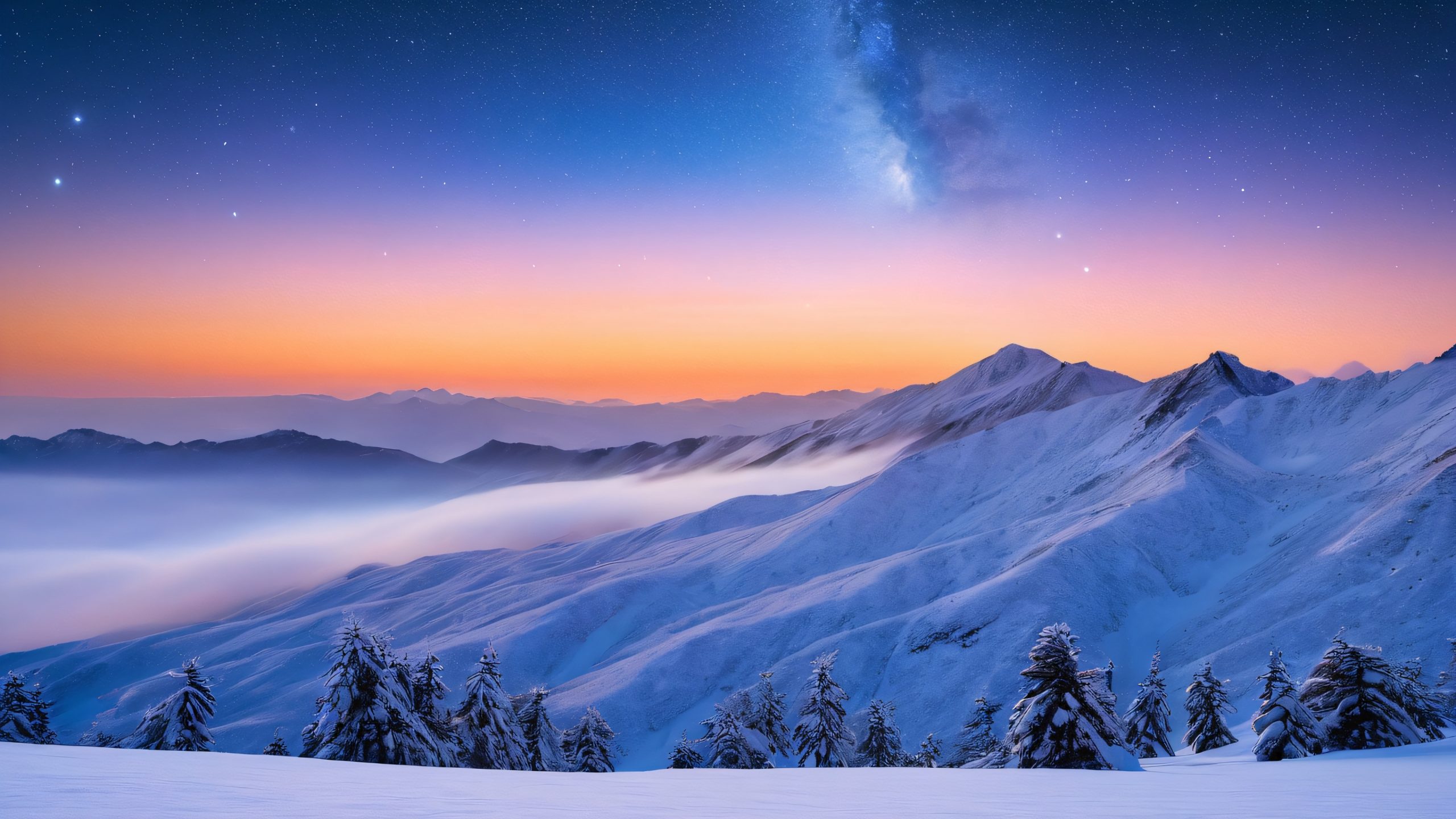 Ethereal clouds of interstellar gas and dust drift above the snow-capped peaks of Tajine Mountain, illuminated by nearby stars on a dark winter sky, suitable for desktop/pc