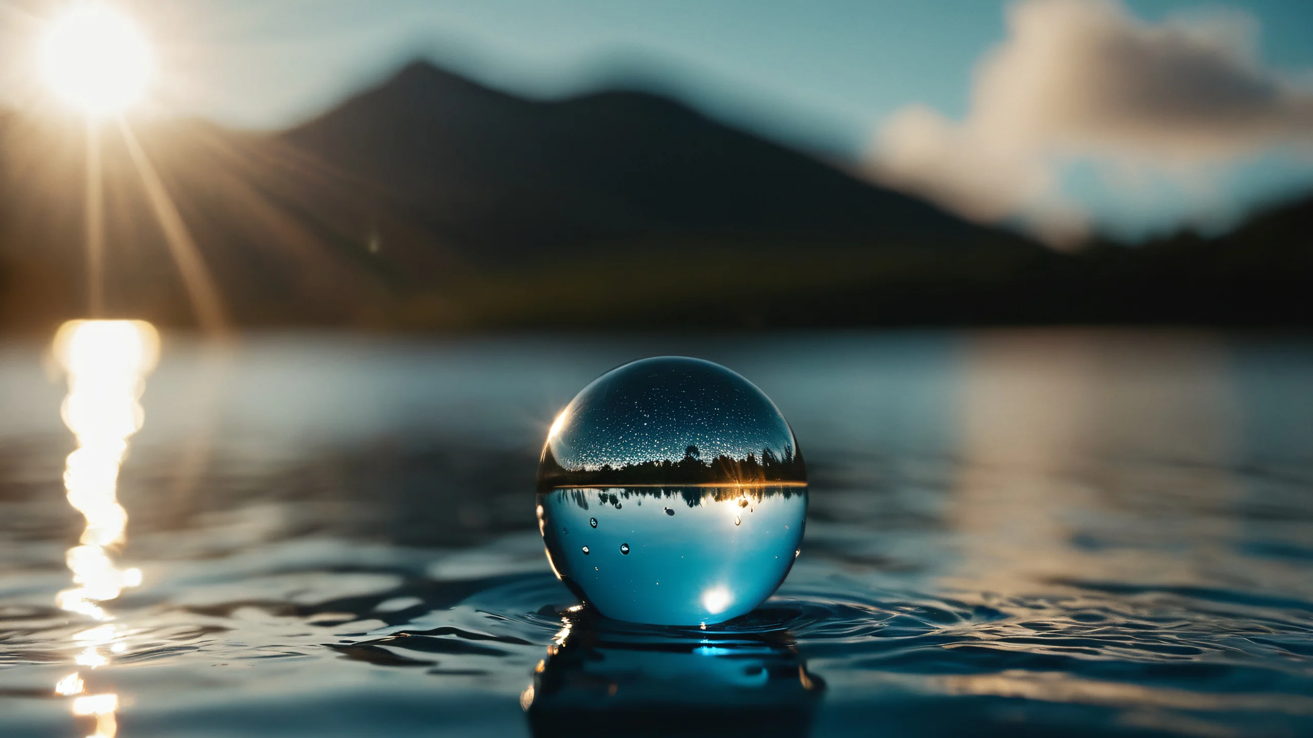 Celestial Dawn Sphere 4K UHD Widescreen Hydrodynamic sphere with intricate water droplet patterns and luminous cloud ripples.