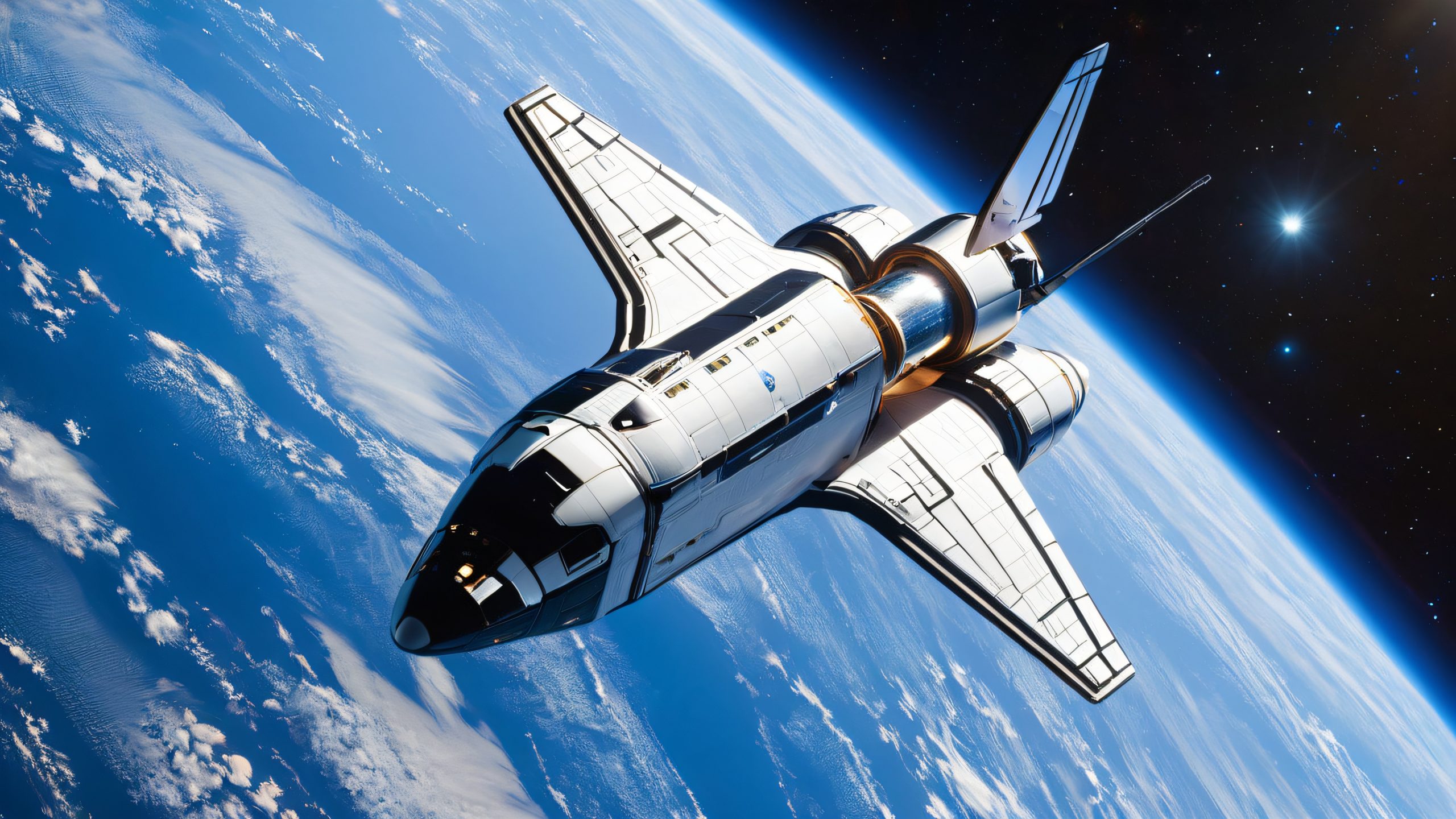 The Shuttle Orbiter Docking System on a star-speckled space background, with a distant blue planet and a mechanical arm.