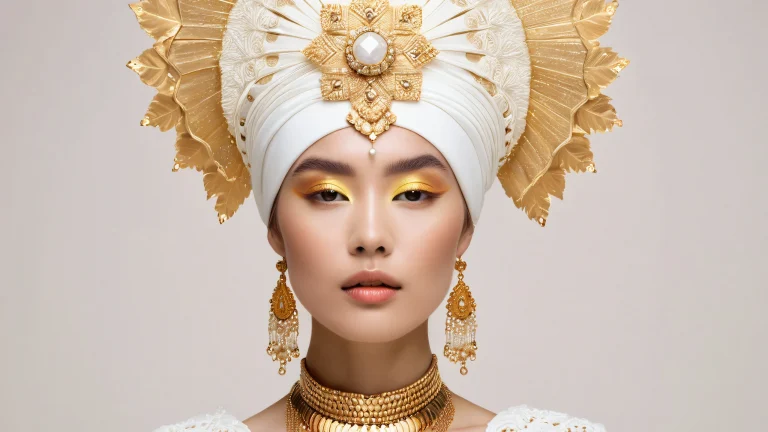 Luxurious all-white adorned woman's planetary headpiece with vibrant weather patterns and gold trim.