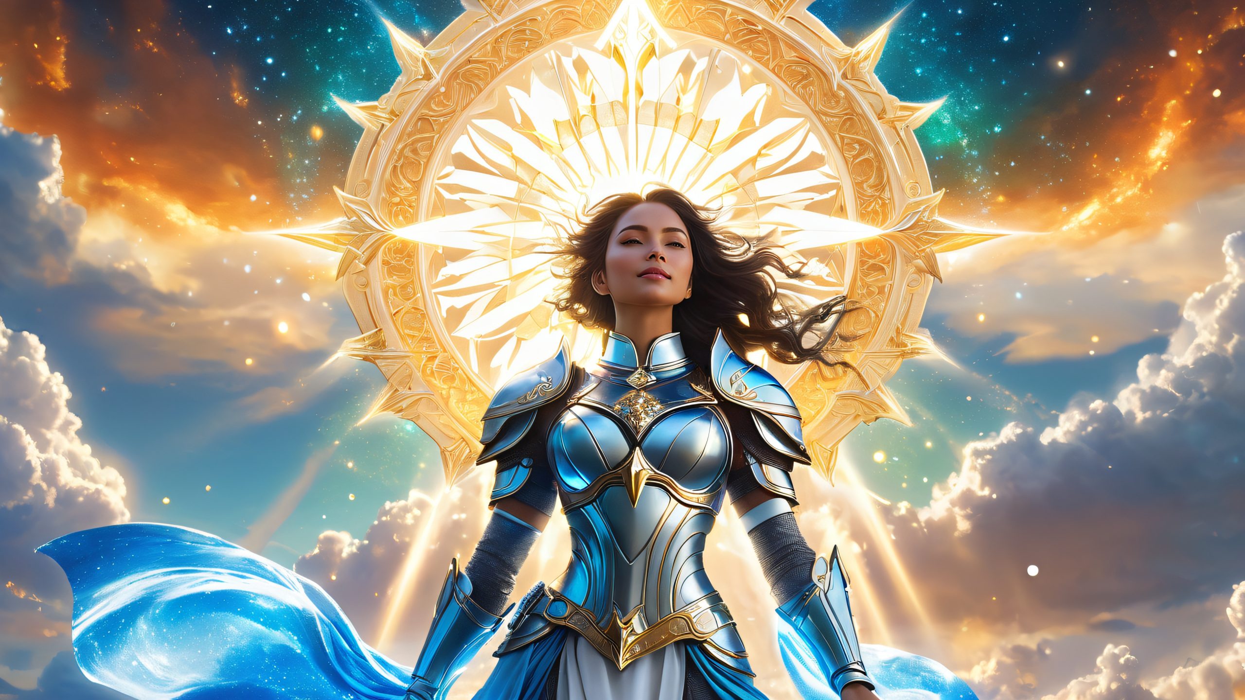 Aesthetic Celestial Guardian Unleashed Background An image of a powerful paladin standing amidst swirling blue and silver energies, holding a holy symbol on desktop/pc.