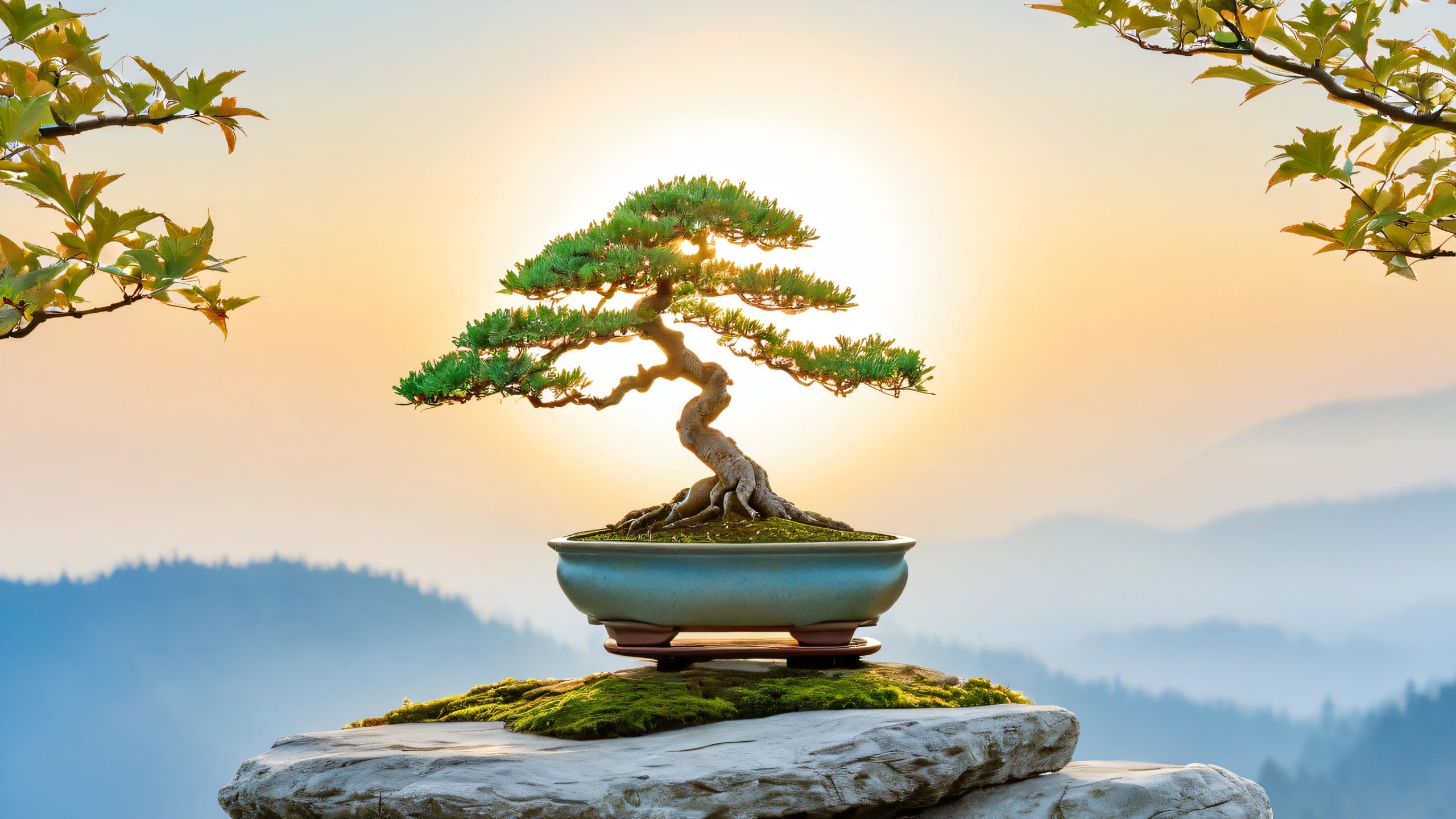 A serene bonsai scene on a desktop/pc with delicate branches, soft blue sky, and subtle foliage.