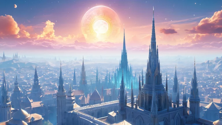 A majestic ancient city surrounded by wispy clouds and ethereal mists on a desktop or PC.