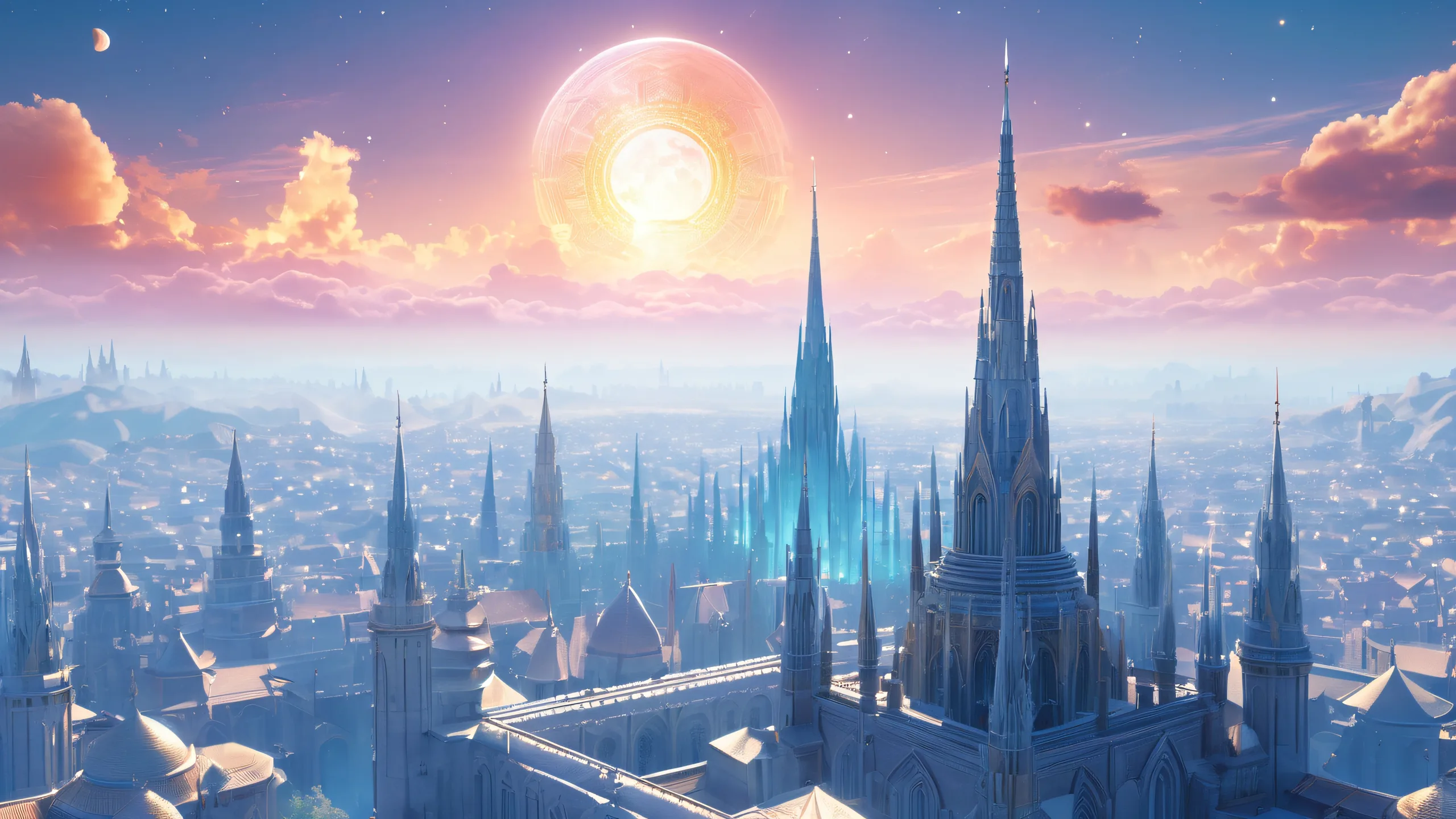 Celestial Oasis Unveiled 4K UHD Wallpaper A majestic ancient city surrounded by wispy clouds and ethereal mists on a desktop or PC.