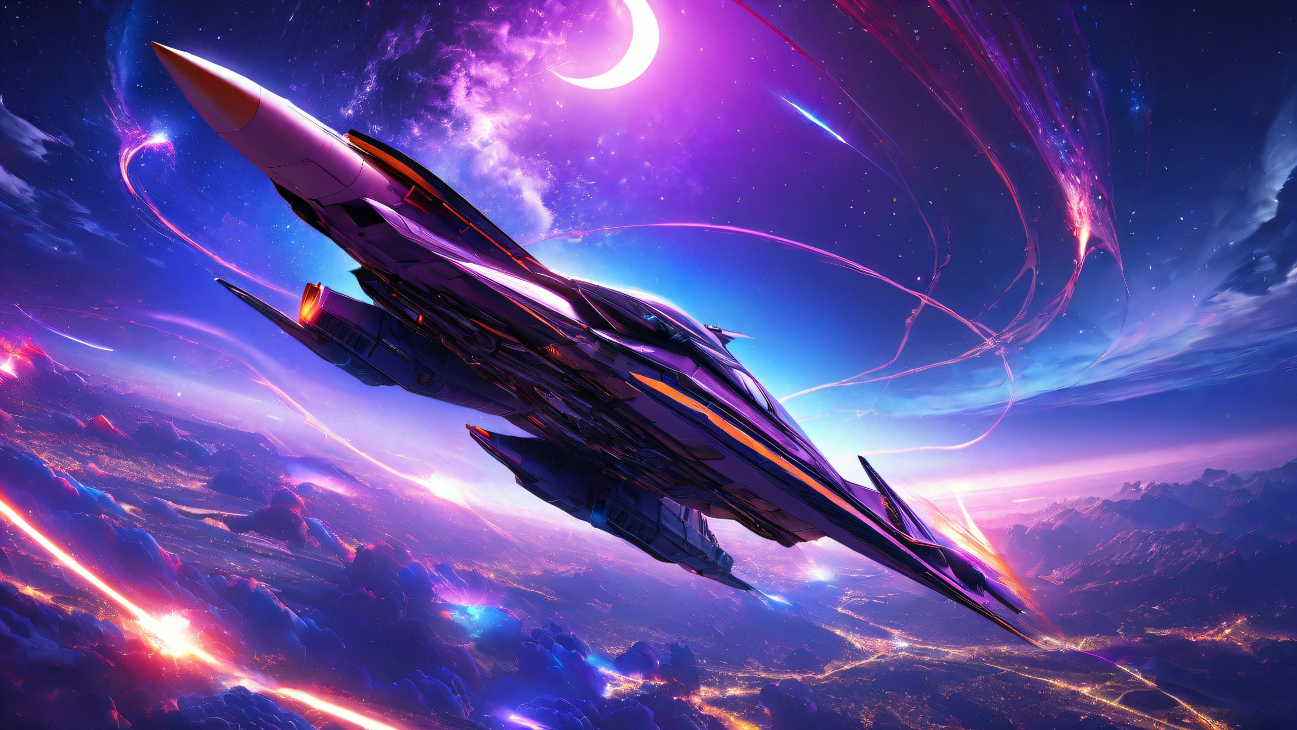 A majestic Valkyrie fighter jet soaring through a starry night sky with clouds and a crescent moon, suitable for desktop/pc.