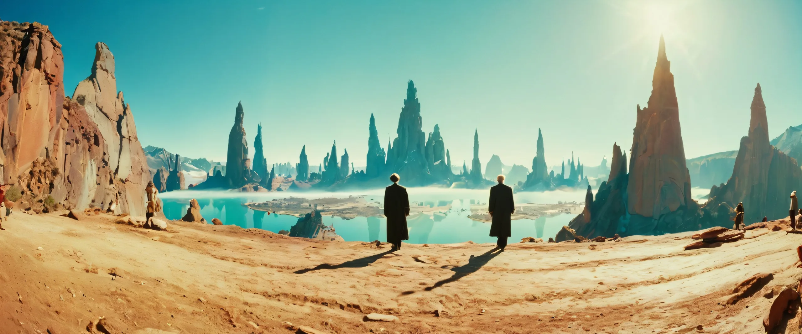 Ethereal Realms Unveiled Aesthetic PC Wallpaper A breathtaking panoramic landscape of a mystical world on a desktop or PC, featuring centered figures and subtle film grain.