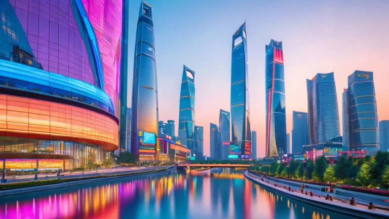 A majestic skyscraper rises from a sea of high-tech streets and neon-lit billboards, perfect for desktop/pc background.