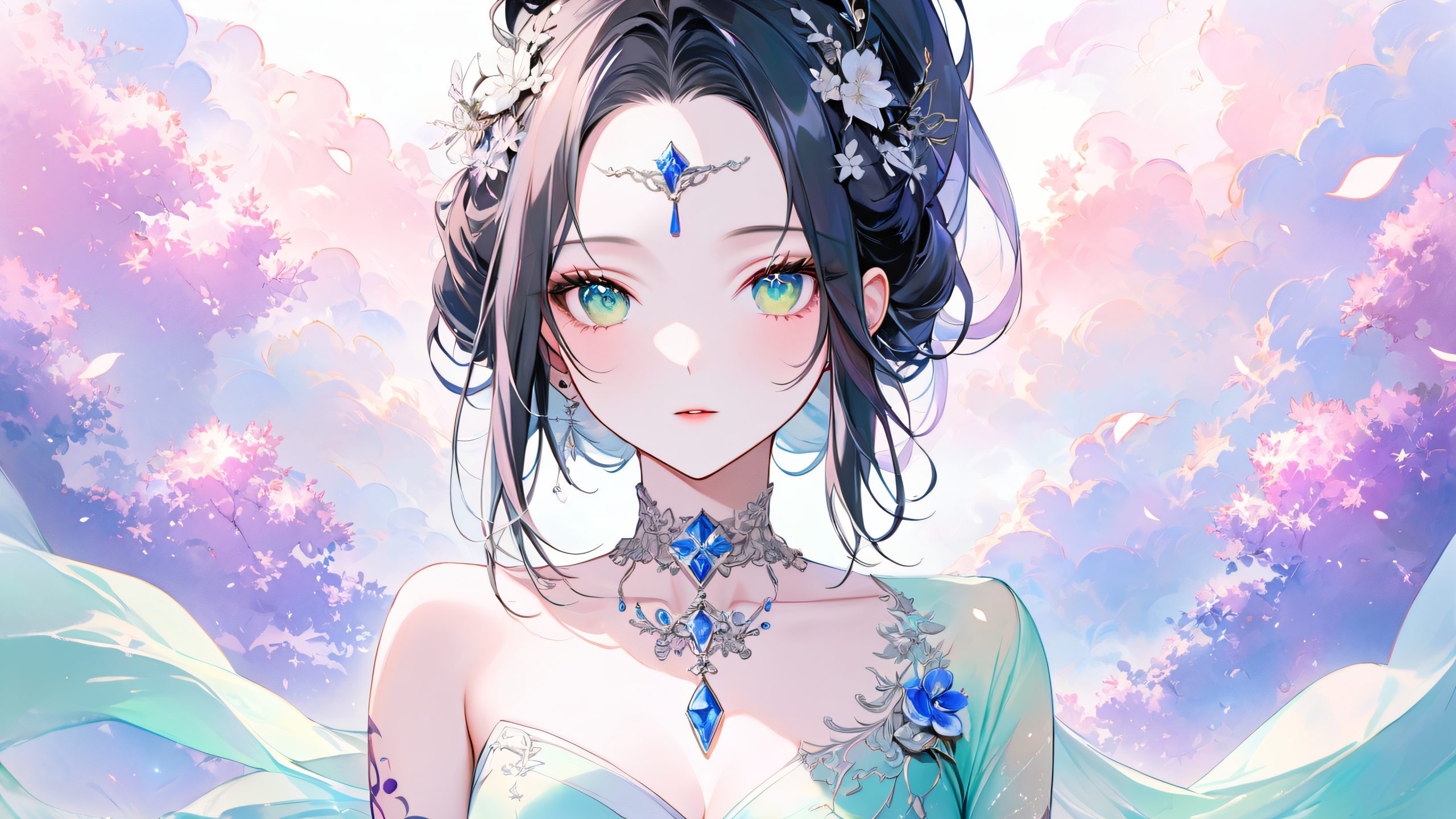 Young anime woman with emerald green eyes and cherry blossom-inspired tattoos in a serene, dreamy background