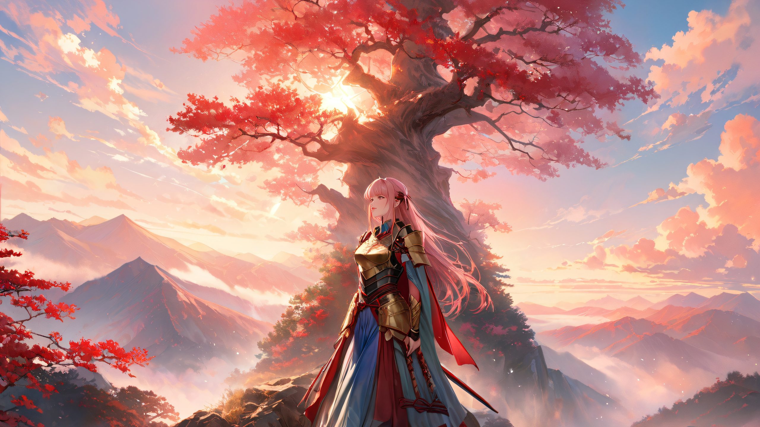 A stoic samurai warrior maiden stands on a misty mountain peak at dawn, clad in ornate armor with fluttering cherry blossom motifs. Desktop/PC wallpaper.