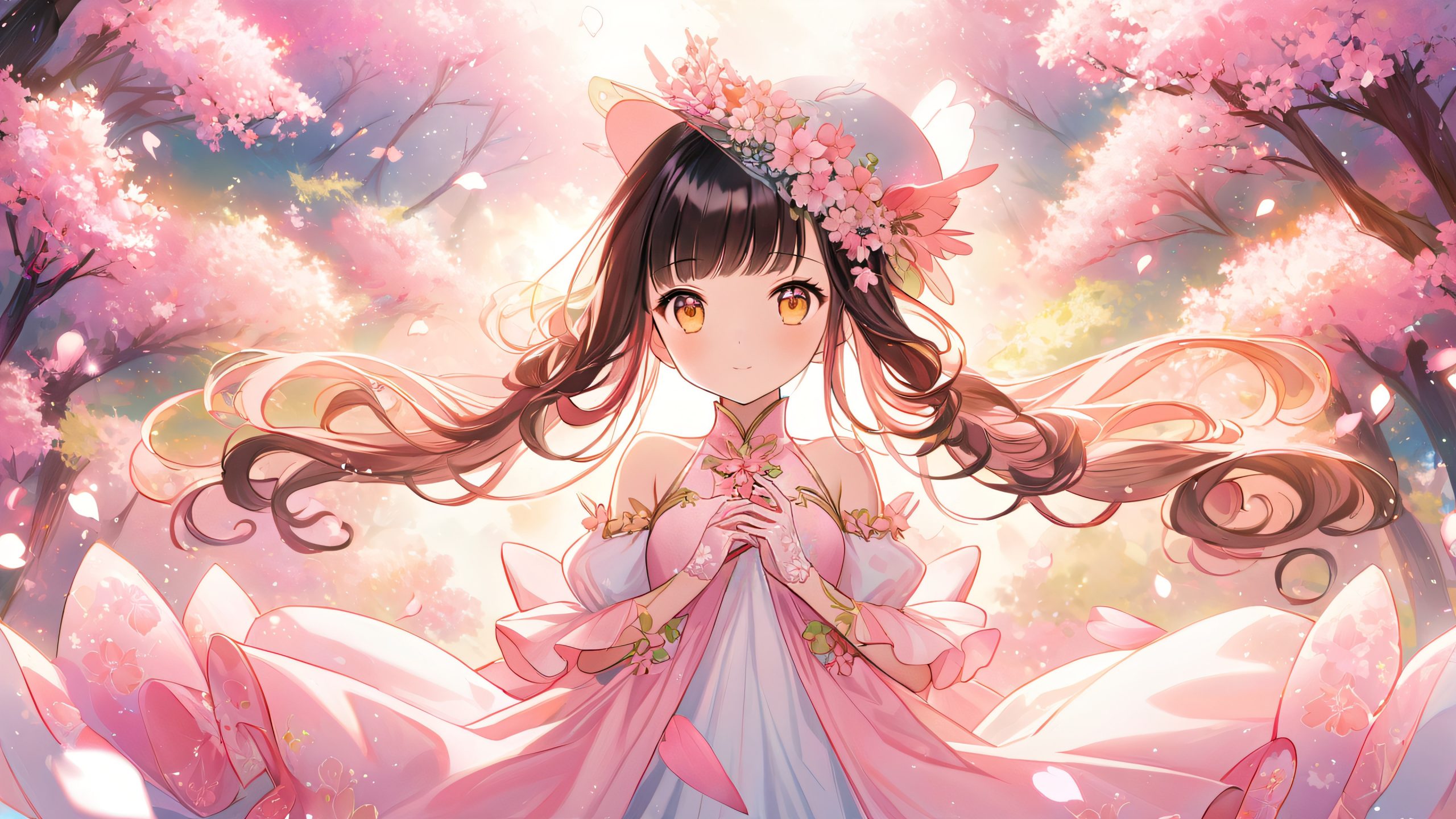 A young Asian girl, Chun-Mei, in a cherry blossom garden on a desktop or PC