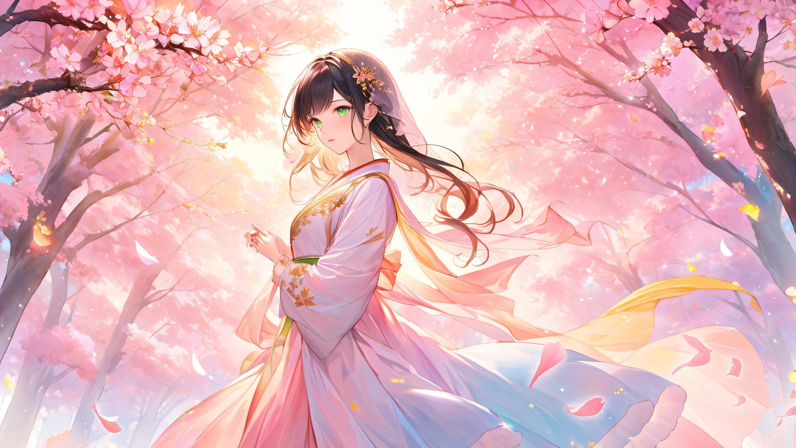 A serene forest glade with a young girl in hanfu, surrounded by cherry blossom trees, brook, and misty petals. Suitable for desktop/PC use.