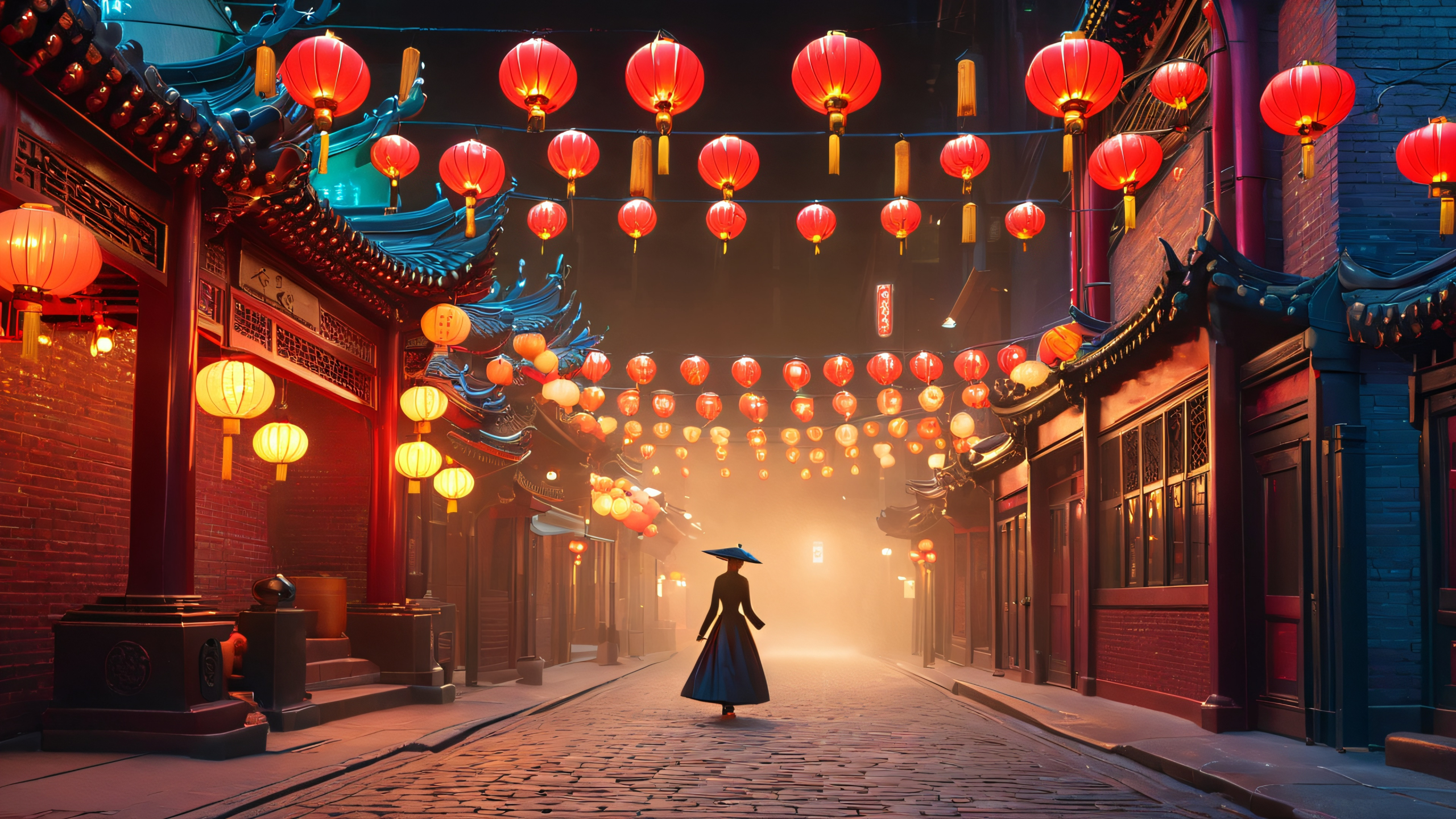 Ultra HD Chinatown Alleyway Noir Wallpaper Mysterious alleyway in Chinatown with lanterns, neon signs, and ornate gates for desktop/PC