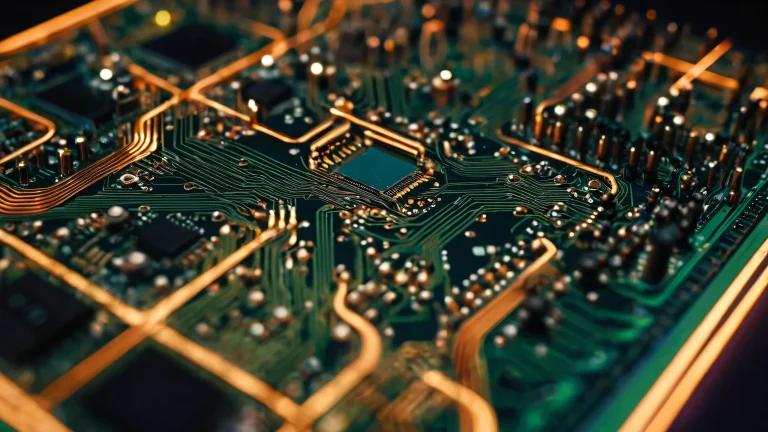 A detailed image of a circuit board with intricate copper wires and electronic textures, evoking the feeling of being in a high-tech laboratory.
