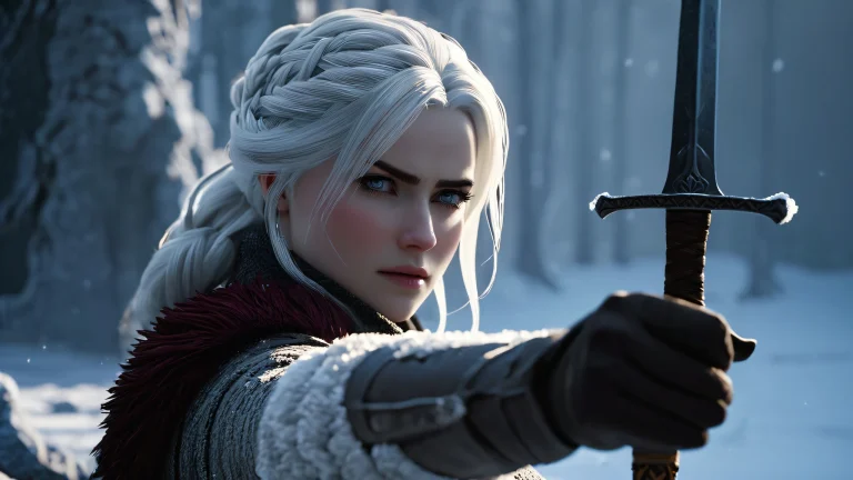 Witcher trainee Cirilla Fiona Elen Riannon practices sword form in a snow-covered courtyard, with a frozen steel blade and minimalist background.