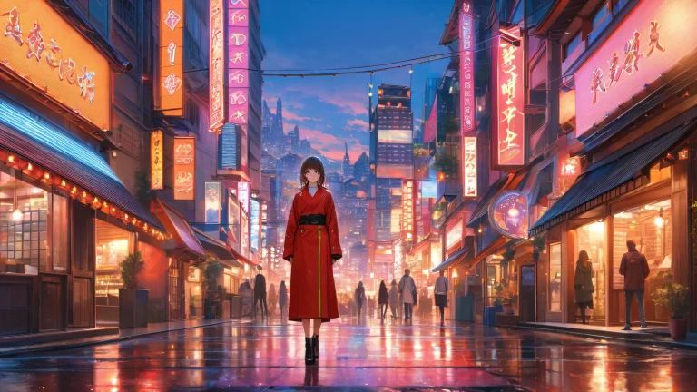 My Manaka Nemu stands confidently on a vibrant city street at dusk, wearing a striking red coat, surrounded by neon lights and modern Japanese architecture. Desktop/PC.