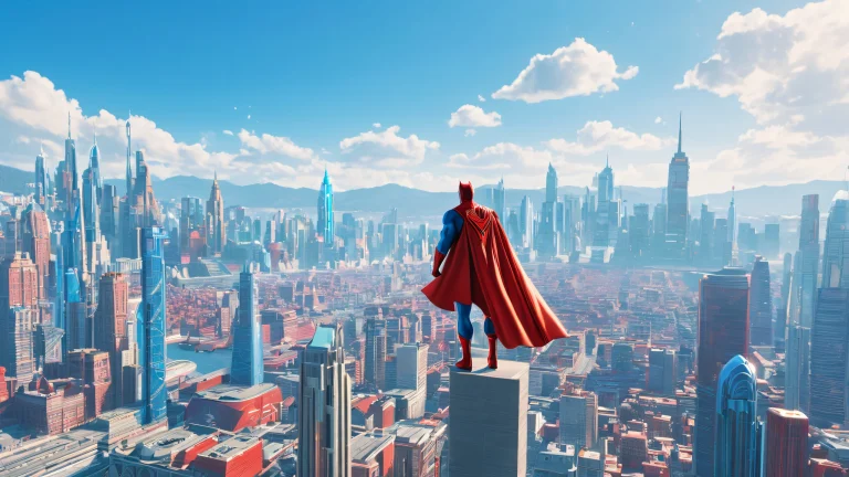 A superhero standing tall against a vibrant cityscape at sunset, with bold blue and red hues.