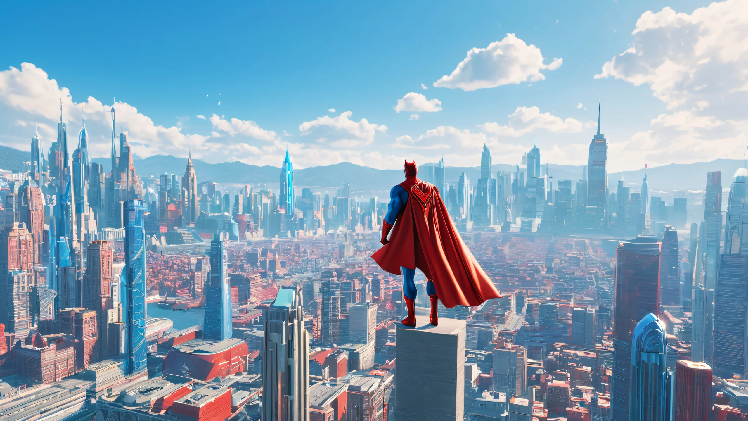 City Hero Sunset 4K Desktop Wallpaper A superhero standing tall against a vibrant cityscape at sunset, with bold blue and red hues.