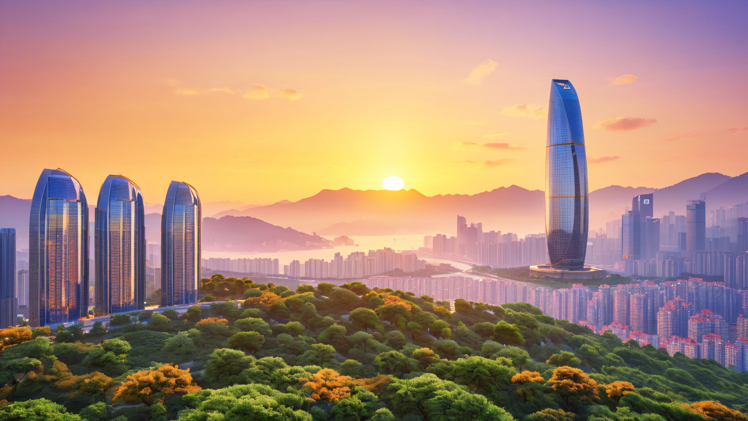 A majestic skyscraper complex on a misty city coastline, with a bustling metropolis and green hills in the distance, for desktop/pc