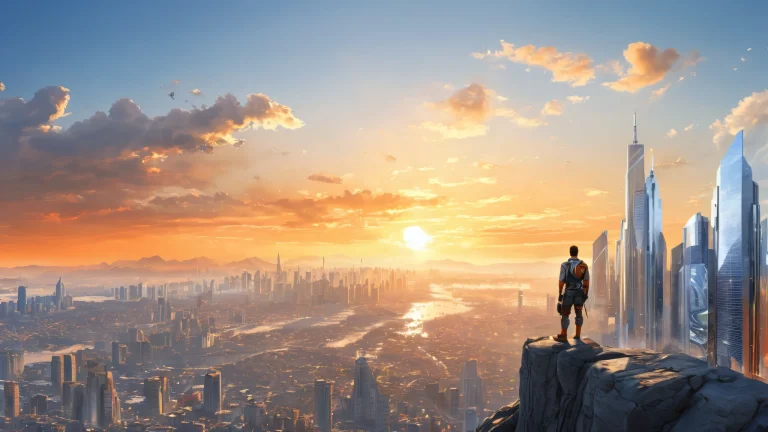 Breathtaking desktop wallpaper of a city skyline at sunset on a computer or PC, with natural light and soft shadows, perfect for screen savers.