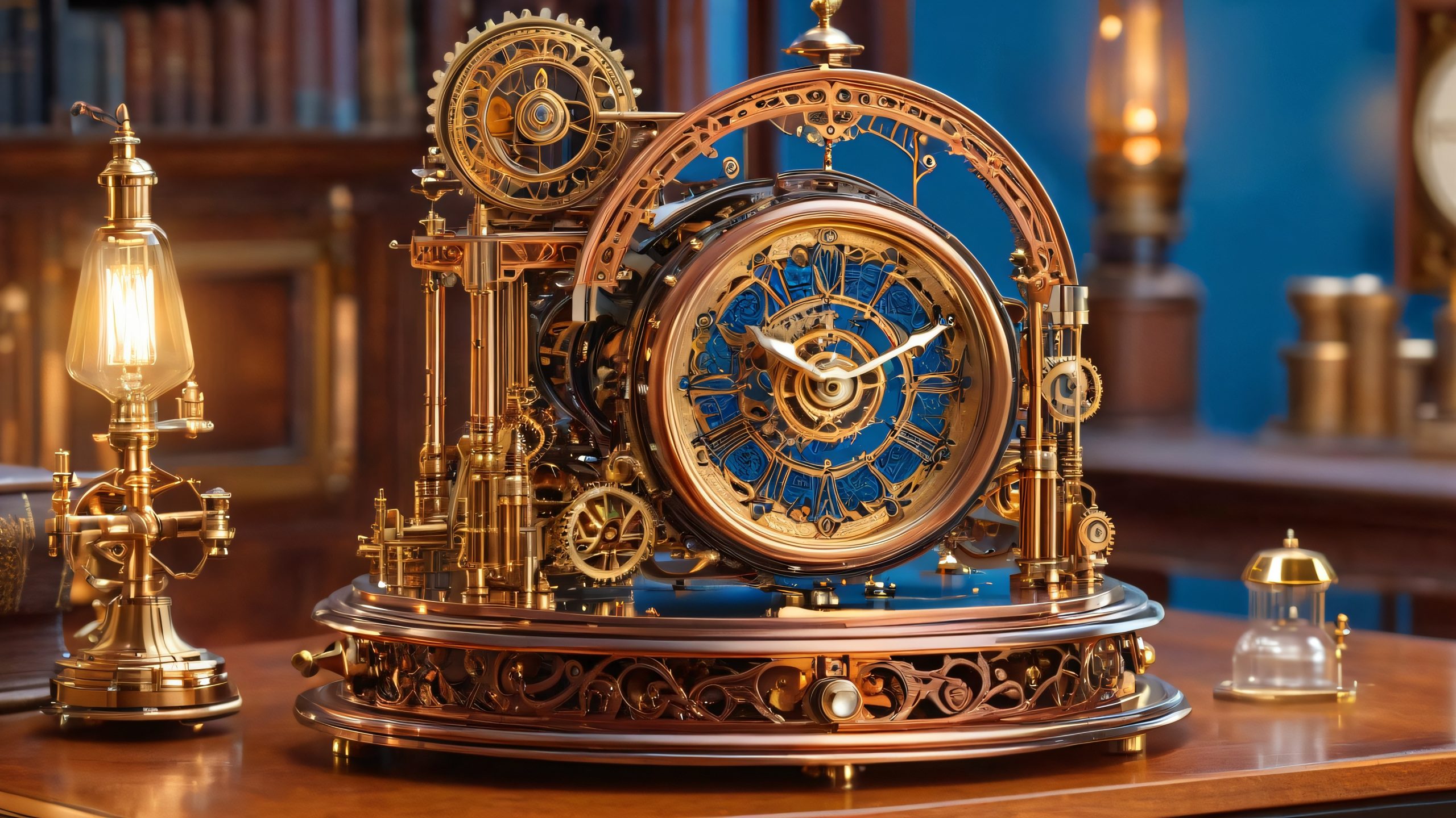 A intricate clockwork automaton surrounded by vintage clock parts and leather-bound books on a wooden desk, perfect for desktop/pc