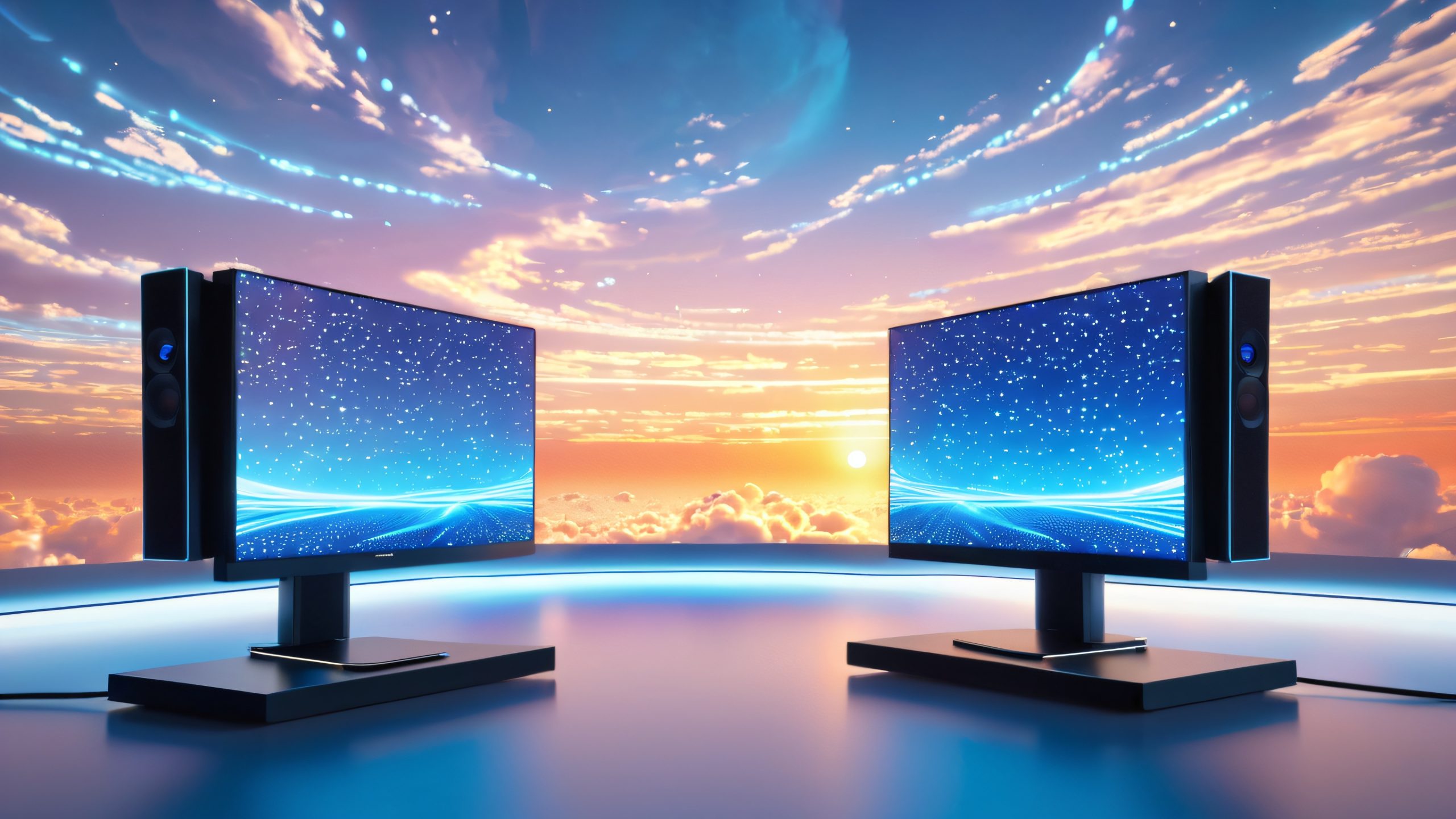 Two futuristic desktop monitors suspended in mid-air, filled with swirling clouds of code and data streams, on a dark, minimalist room with industrial chic.