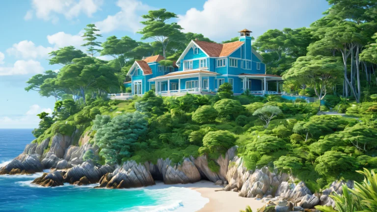 A serene coastal forest scene with a lush green house in the center, surrounded by towering trees and a blue sky.