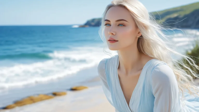 A beautiful woman standing by the ocean, surrounded by soft natural light and misty atmosphere.