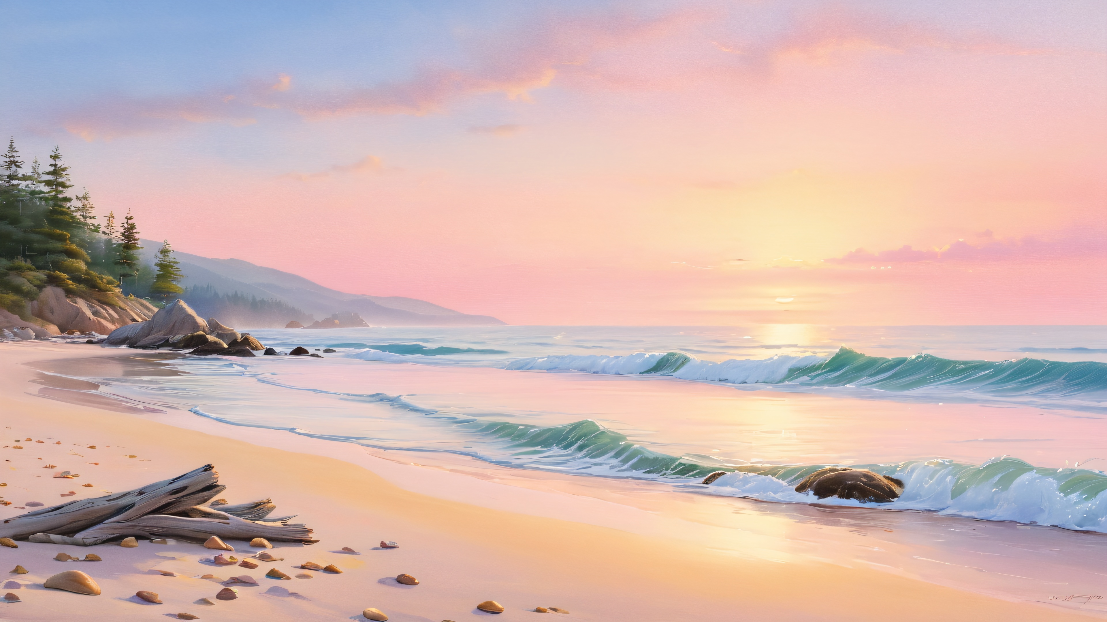 A serene coastal landscape with gentle waves and warm golden light, featuring pebbles, driftwood, and misty hills.