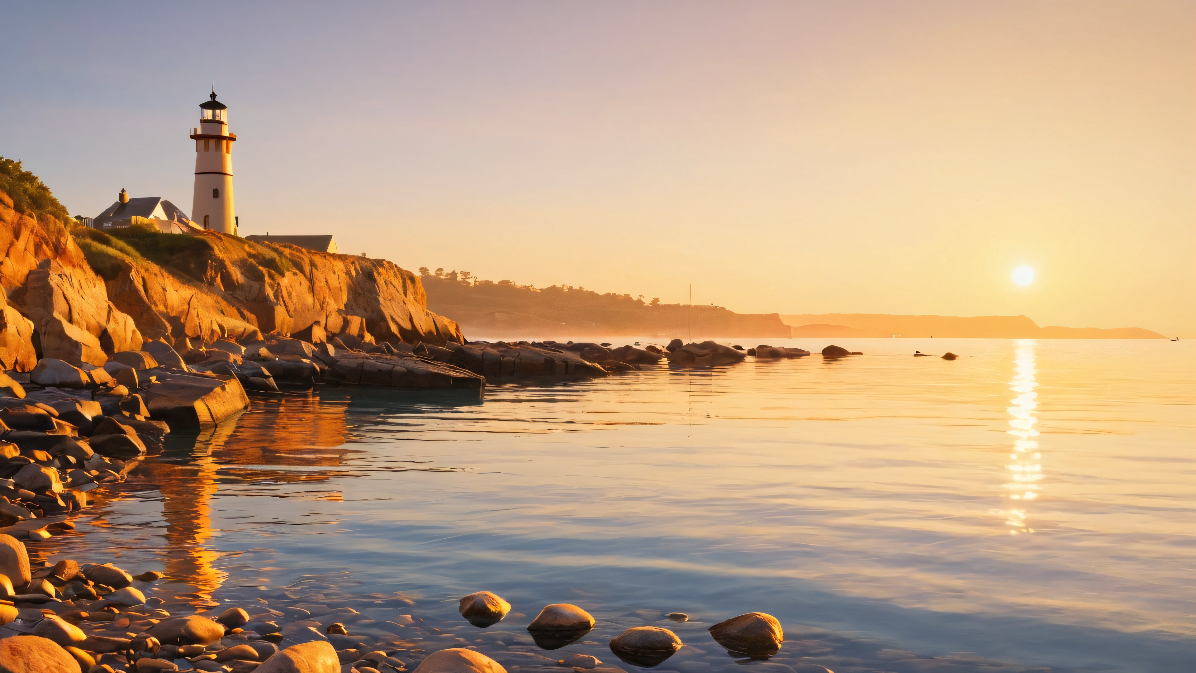 A serene coastal scene featuring a weathered lighthouse, sailboat, and quaint town at sunset.