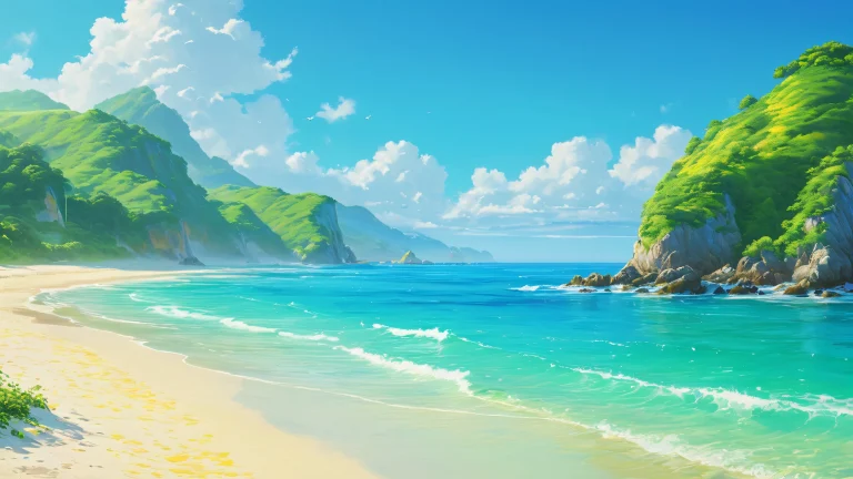 A stunning digital painting of a beach at dawn with vibrant blues, greens, and yellows.