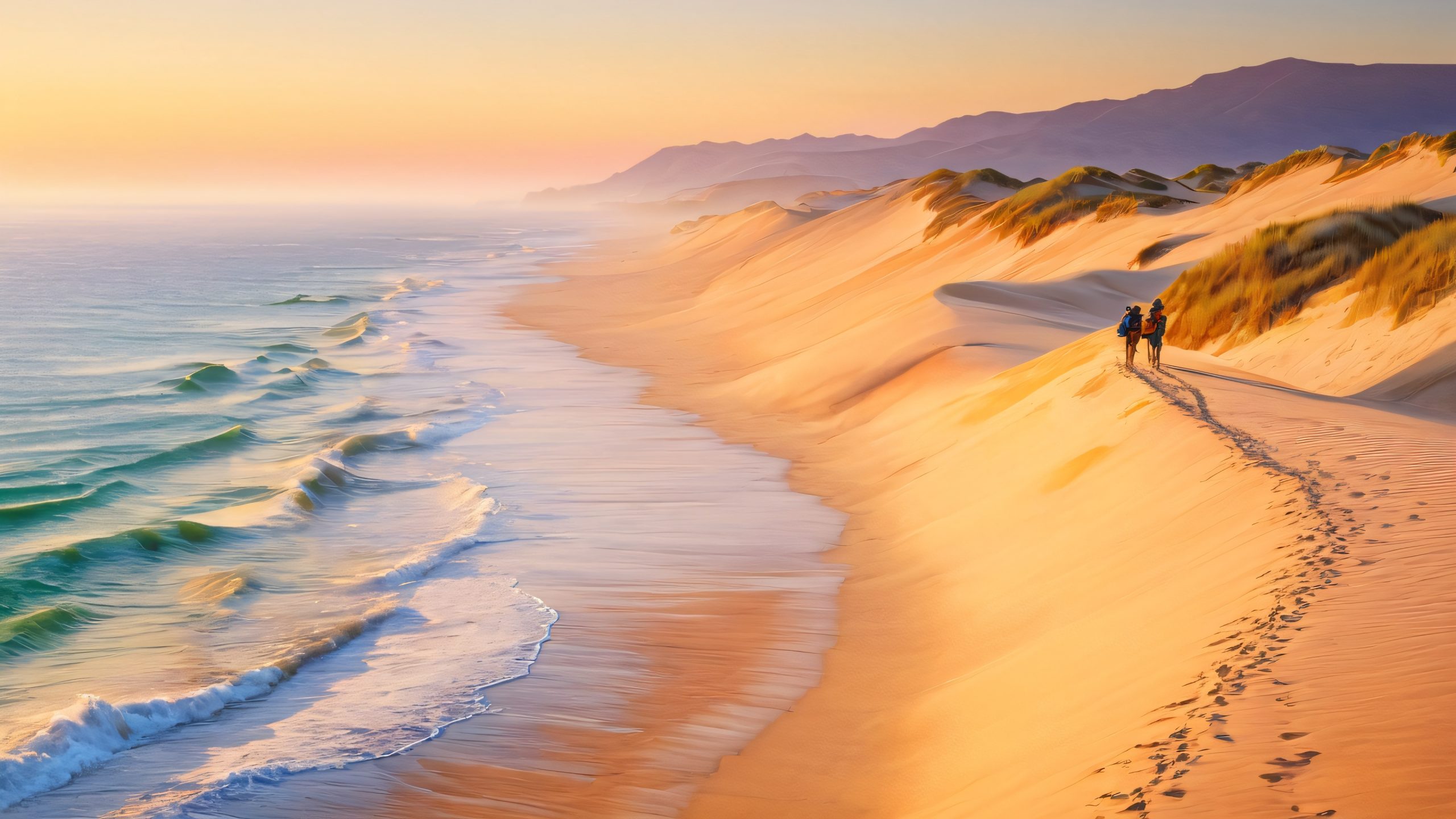 A lone adventurer stands at the edge of a rugged coastline, gazing out at the blue horizon, with a worn-out backpack and a warm smile.