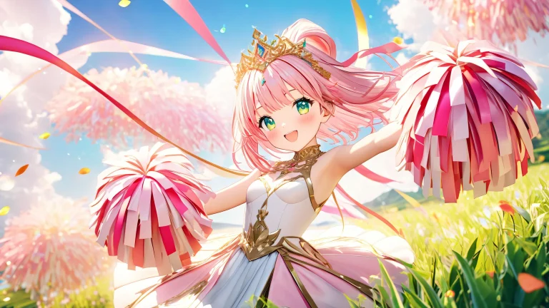 A young woman wearing a shimmering diamond tiara and holding a cheerleading pom-pom, set against a bright blue sky with fluffy white clouds and green grass, suitable for desktop/PC use.