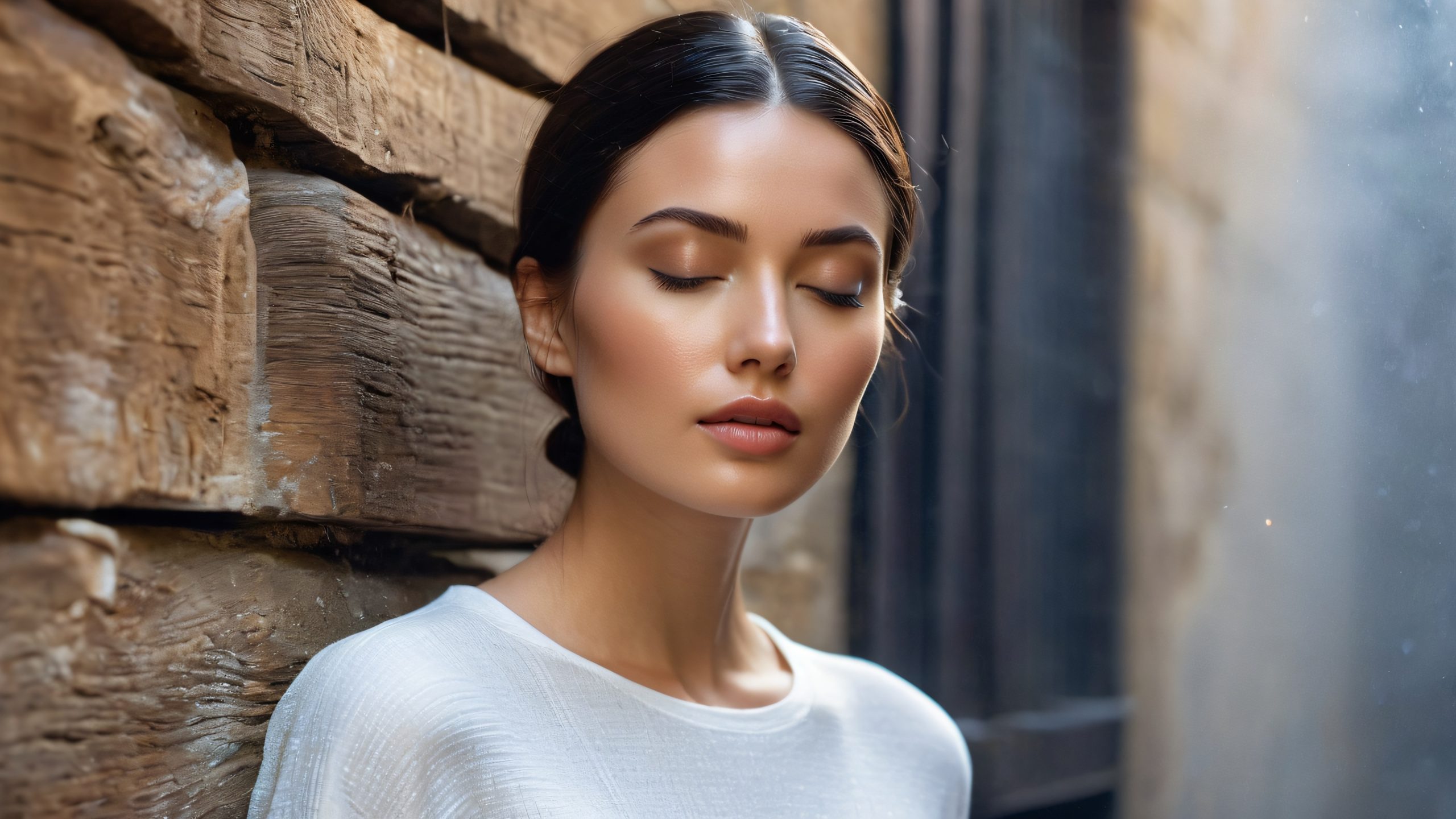 Serene woman in contemplation, against a weathered wooden wall, with a subtle sheen and gentle texture