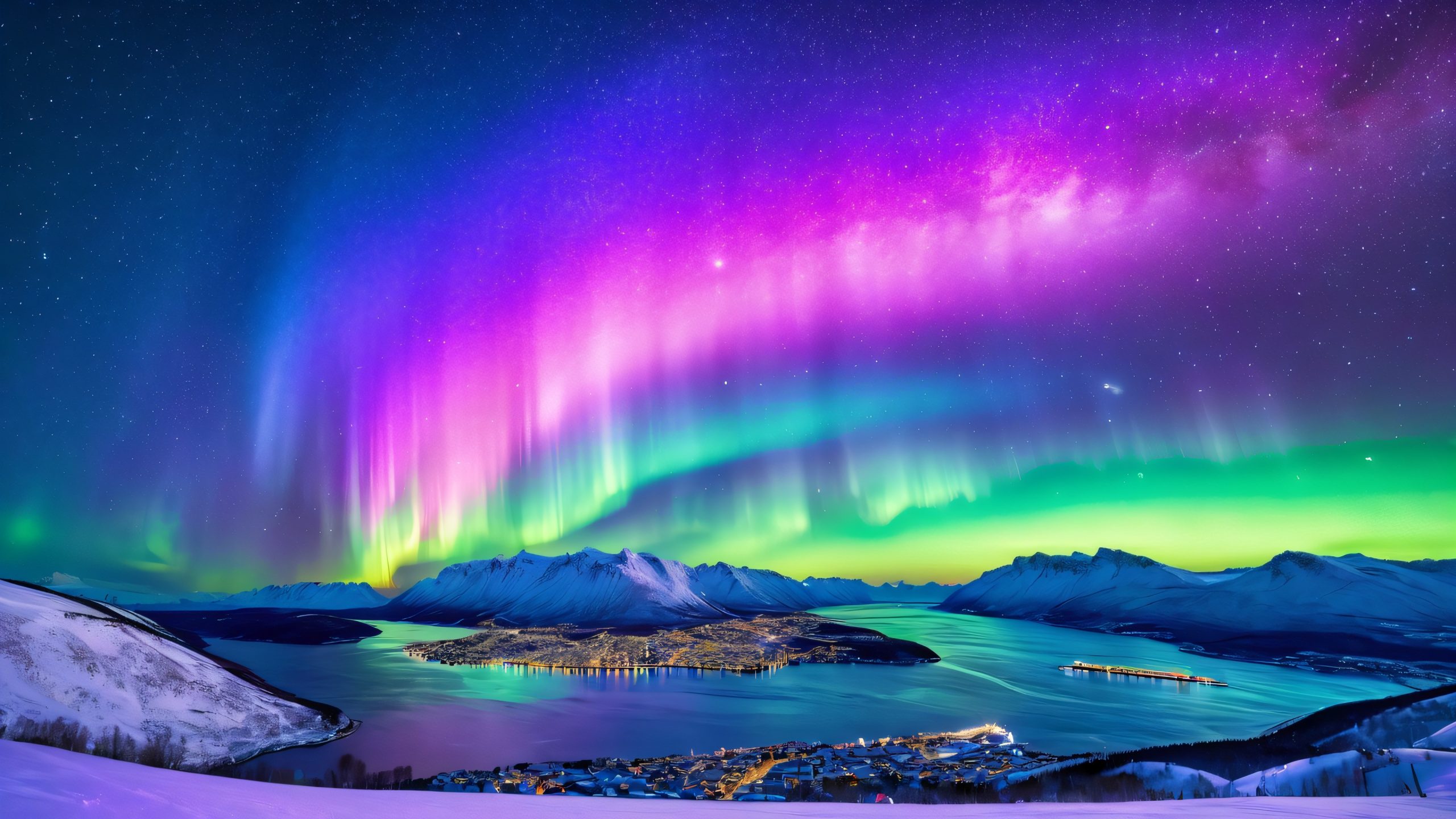Desktop/PC wallpaper of the aurora borealis above Tromsø, Norway, with swirling purple and pink tendrils, stars, and city lights.
