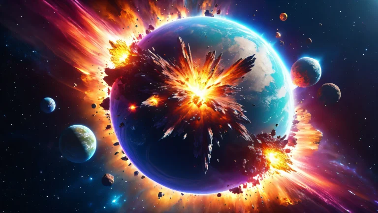 A vibrant digital artwork depicting the explosion of a planet in space, with glowing colors and intricate details.